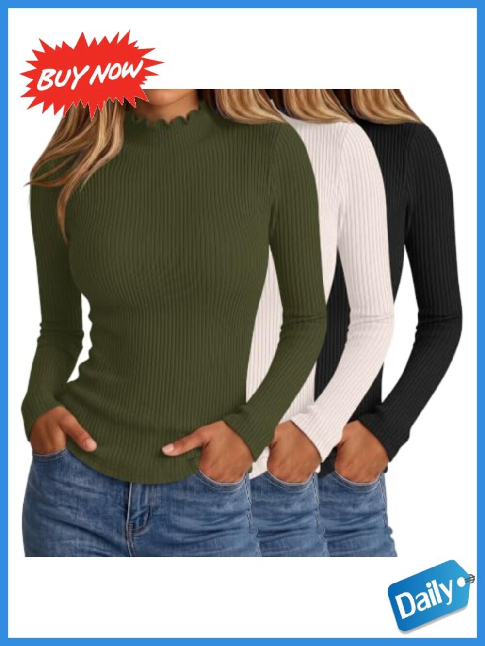 LOMON 3 Pack Ribbed Mock Turtleneck Long Sleeve Slim Fit Tops